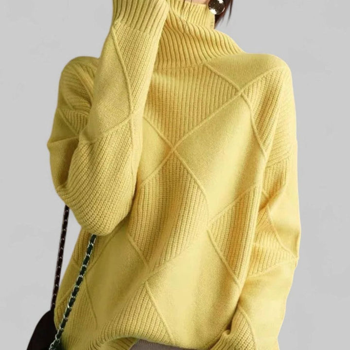 Damen Oversized Rollkragen Strickpullover mit Rautenmuster - Gelb
