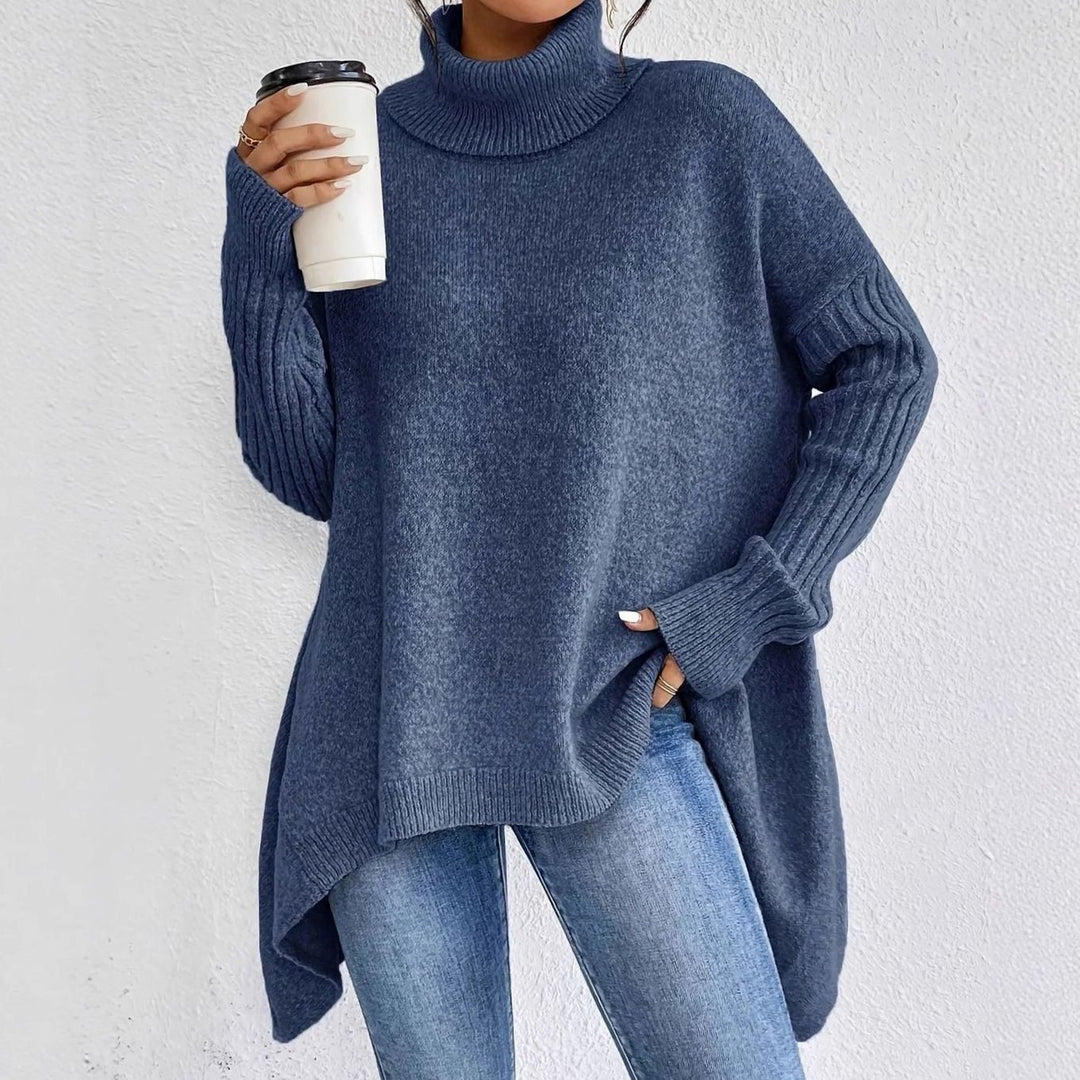 Damen Oversized Rollkragenpullover mit hohem Kragen asymmetrischem Saum - Marine