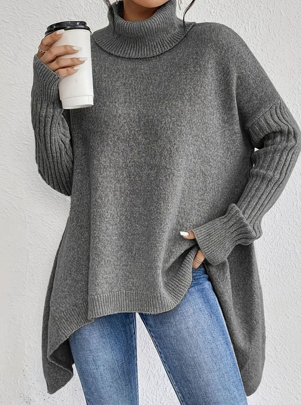 Damen Oversized Rollkragenpullover mit hohem Kragen asymmetrischem Saum - Grau