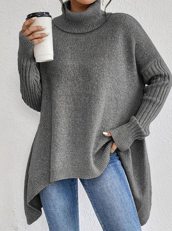 Damen Oversized Rollkragenpullover mit hohem Kragen asymmetrischem Saum - Grau