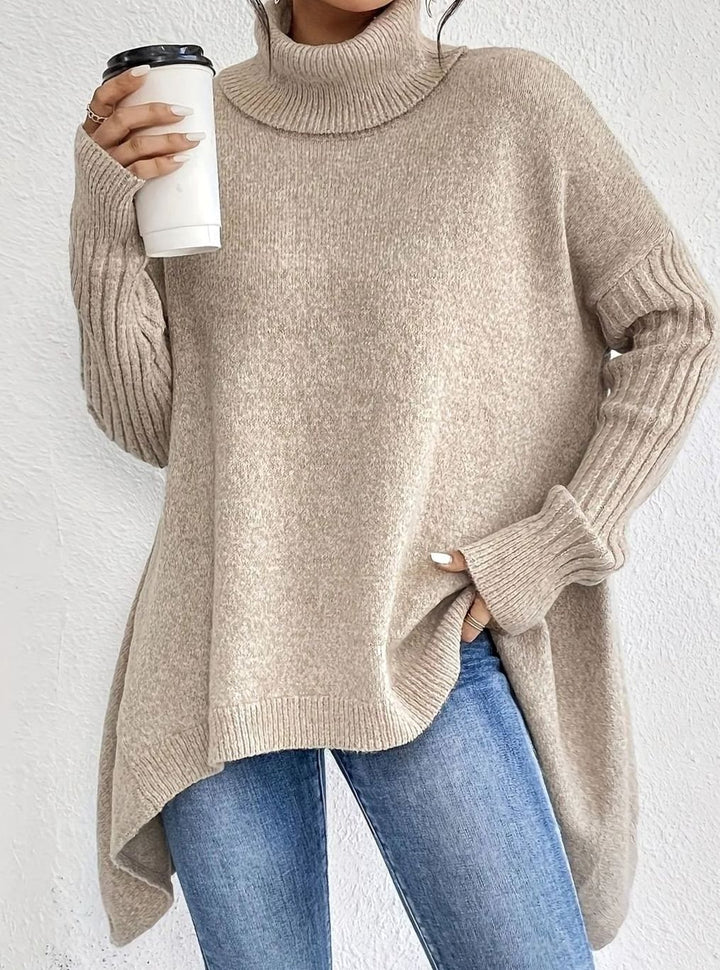 Damen Oversized Rollkragenpullover mit hohem Kragen asymmetrischem Saum - Aprikose