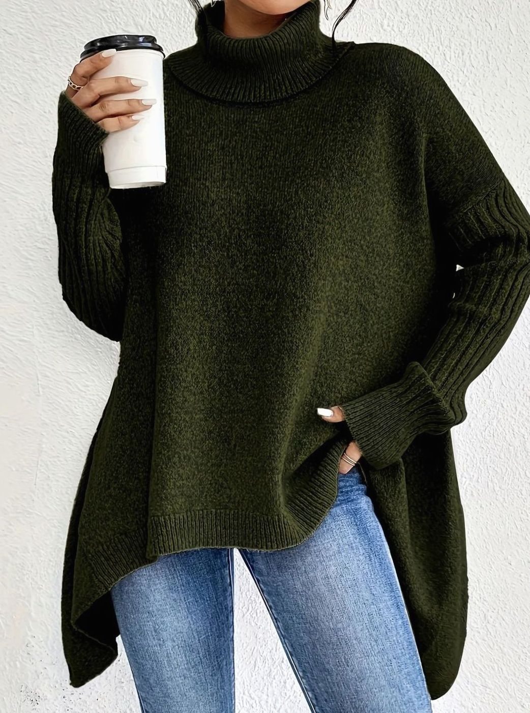 Damen Oversized Rollkragenpullover mit hohem Kragen asymmetrischem Saum - Dunkelgrün