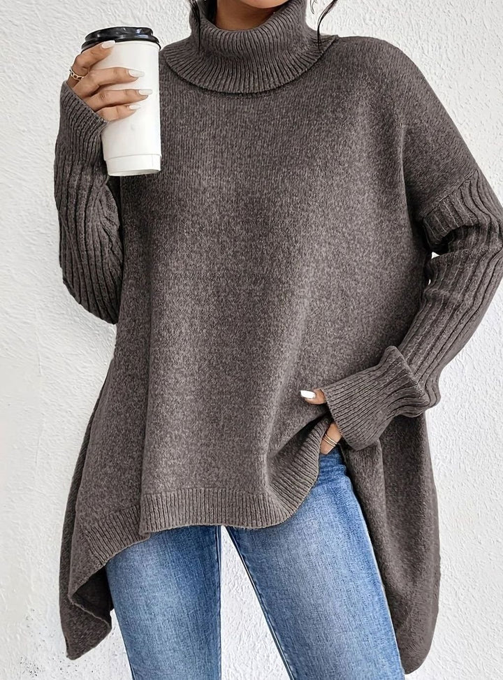 Damen Oversized Rollkragenpullover mit hohem Kragen asymmetrischem Saum - Hellbraun