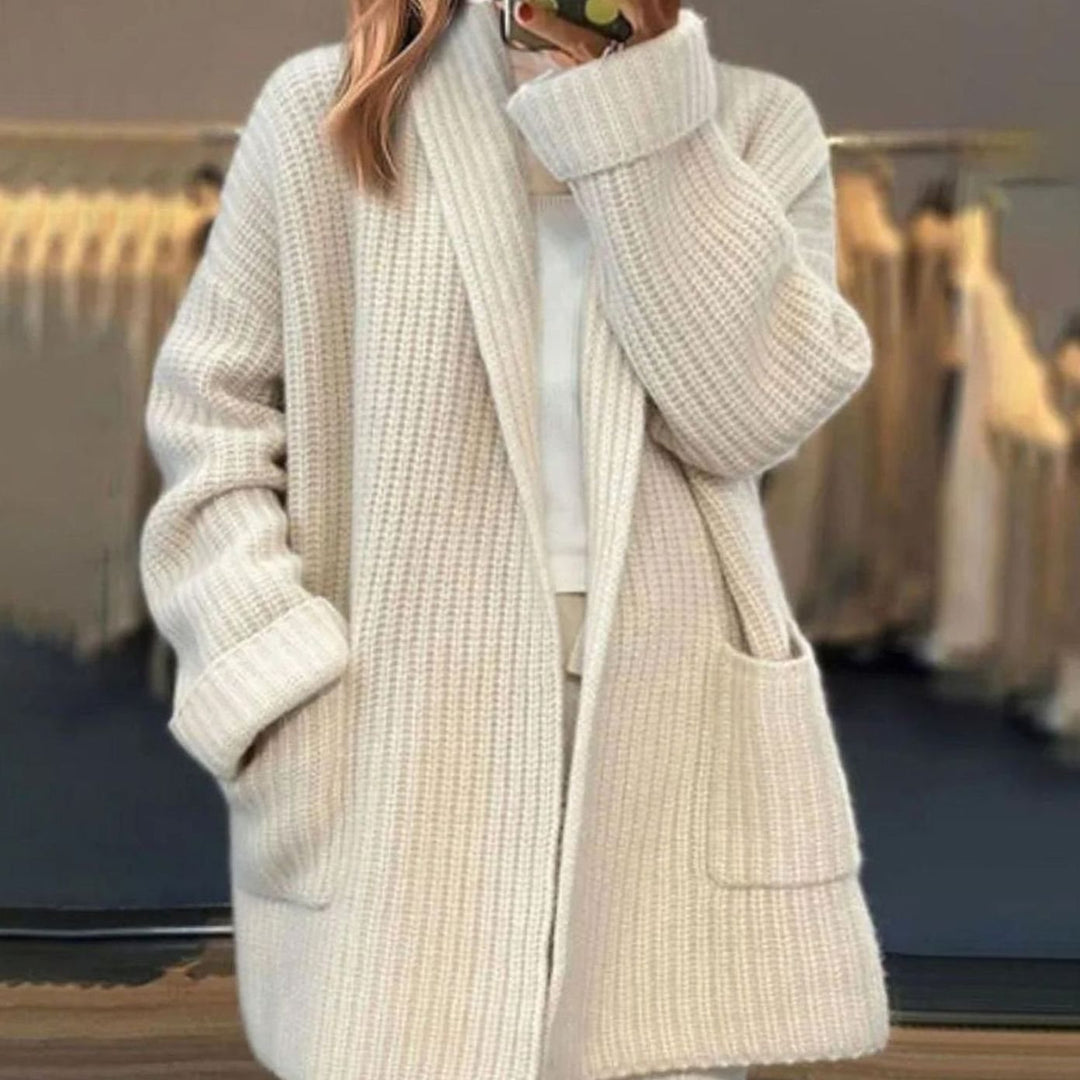 Damen Oversized Strickjacke offenem Vorderteil Taschen Grobstrick - Beige