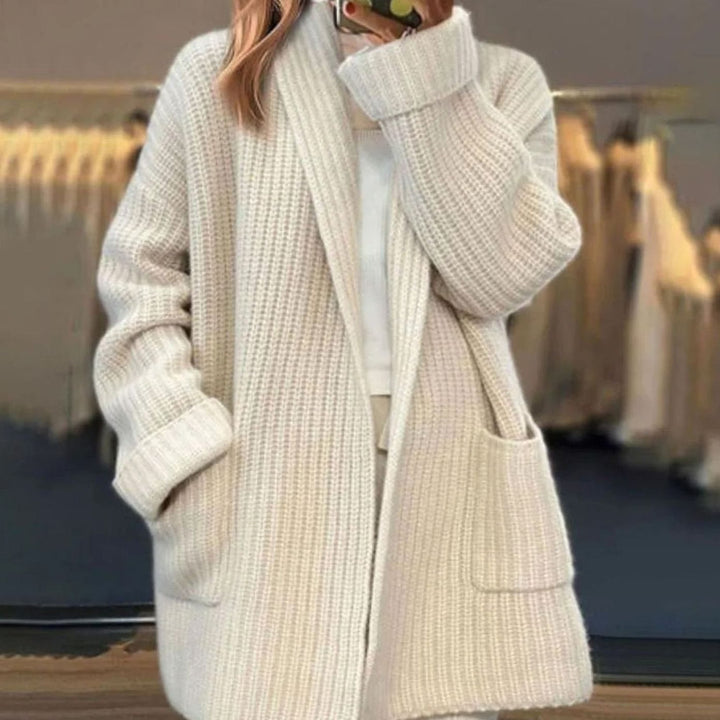 Damen Oversized Strickjacke offenem Vorderteil Taschen Grobstrick - Beige