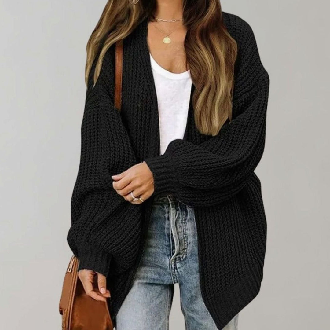 Damen Oversized Strickjacke offener Vorderseite Grobstrick - Schwarz