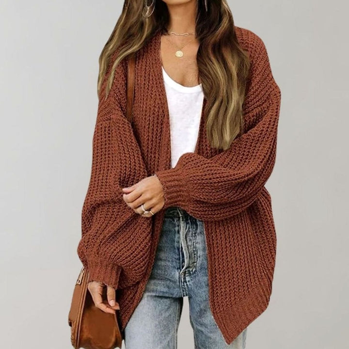 Damen Oversized Strickjacke offener Vorderseite Grobstrick - Kaffee