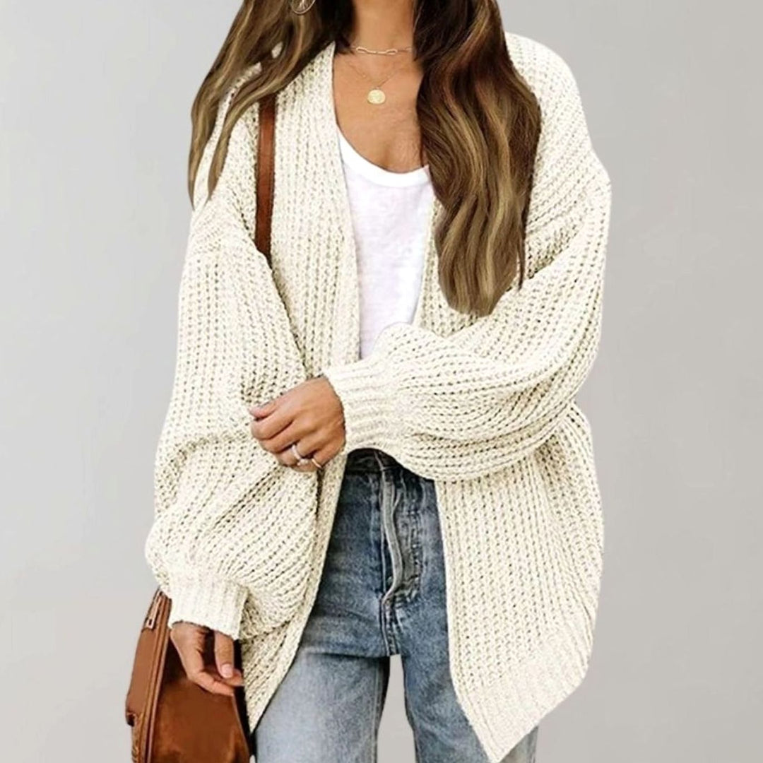 Damen Oversized Strickjacke offener Vorderseite Grobstrick - Weiß