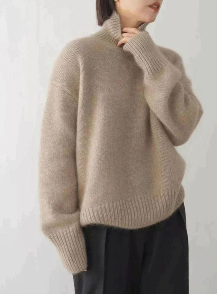 Damen Oversized Strickpullover mit hohem Kragen - Khaki