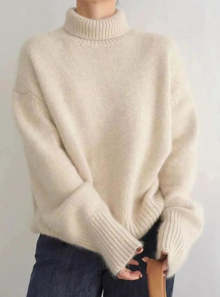 Damen Oversized Strickpullover mit hohem Kragen - Beige