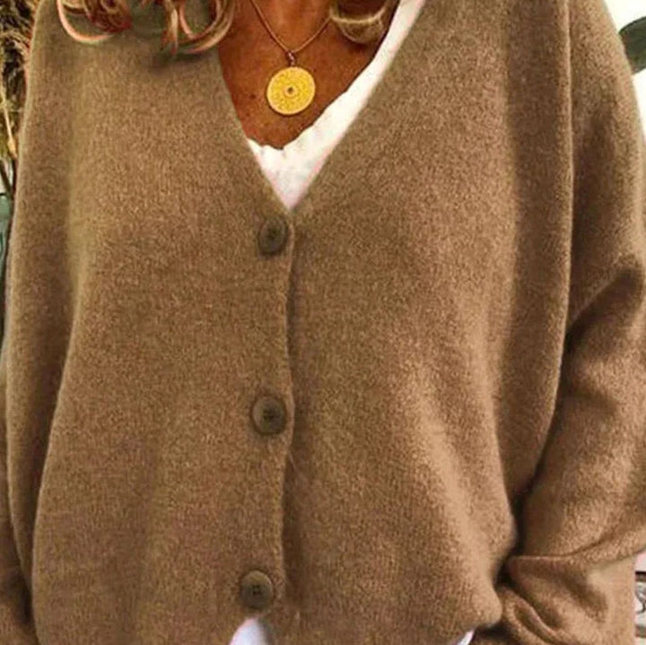 Damen Oversized V-Ausschnitt Strickjacke mit Knöpfen - Khaki