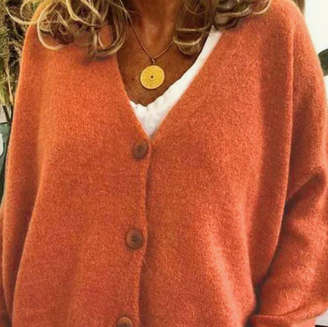 Damen Oversized V-Ausschnitt Strickjacke mit Knöpfen - Orange