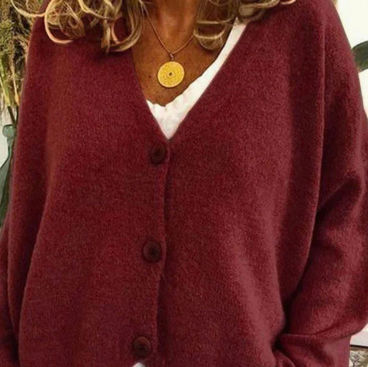 Damen Oversized V-Ausschnitt Strickjacke mit Knöpfen - Burgund