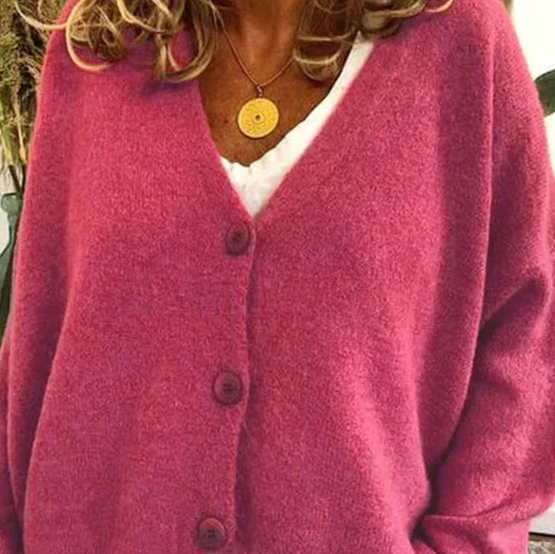 Damen Oversized V-Ausschnitt Strickjacke mit Knöpfen - Rosa