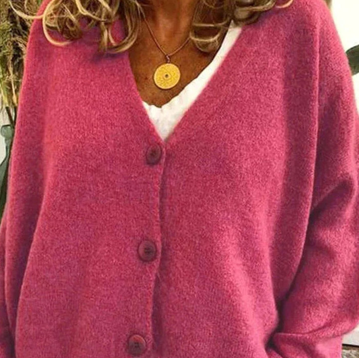Damen Oversized V-Ausschnitt Strickjacke mit Knöpfen - Rosa