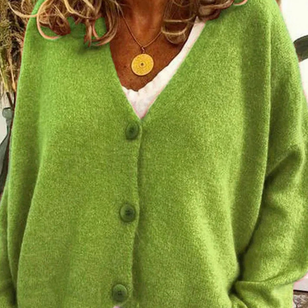 Damen Oversized V-Ausschnitt Strickjacke mit Knöpfen - Hellgrün
