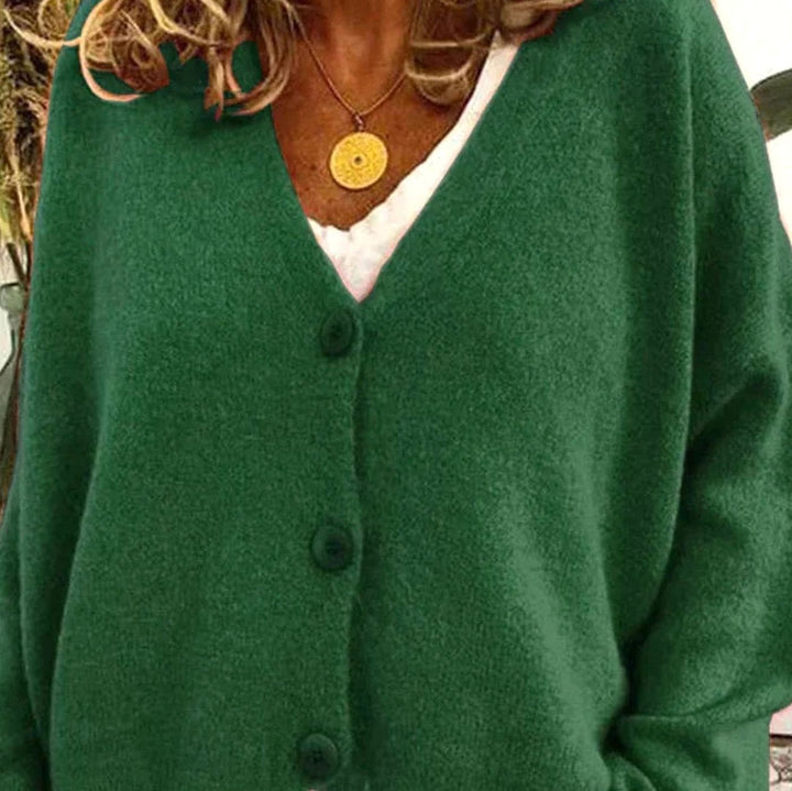 Damen Oversized V-Ausschnitt Strickjacke mit Knöpfen - Dunkelgrün
