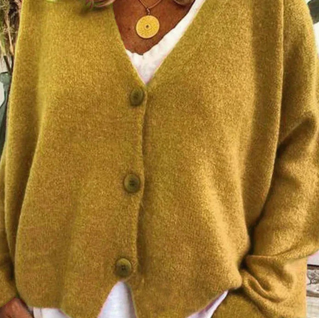 Damen Oversized V-Ausschnitt Strickjacke mit Knöpfen - Gelb