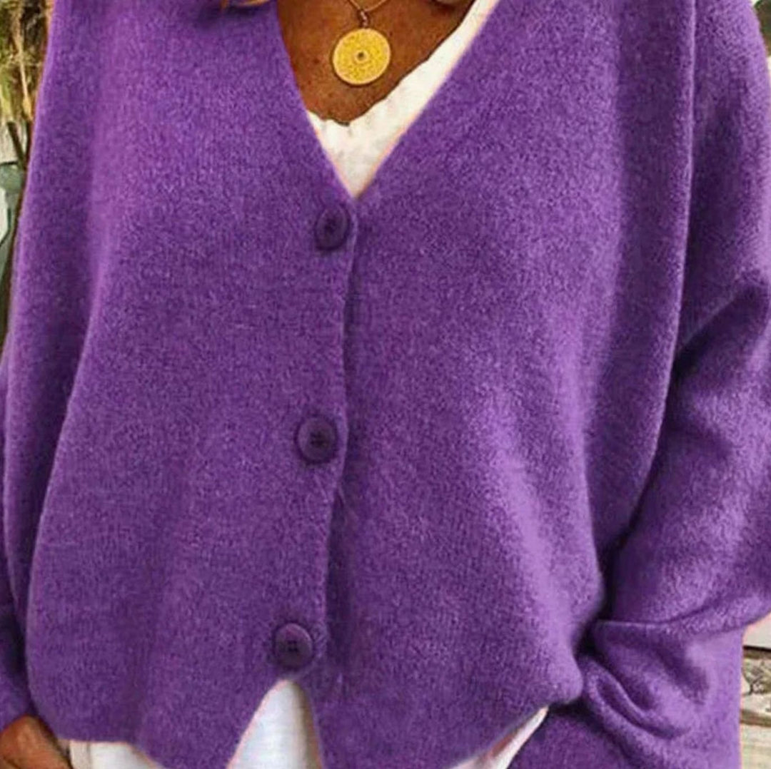 Damen Oversized V-Ausschnitt Strickjacke mit Knöpfen - Lila