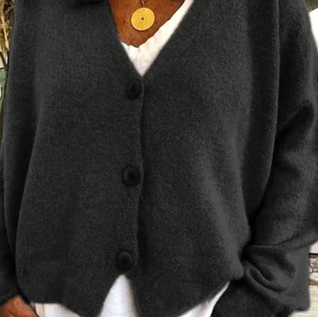 Damen Oversized V-Ausschnitt Strickjacke mit Knöpfen - Schwarz