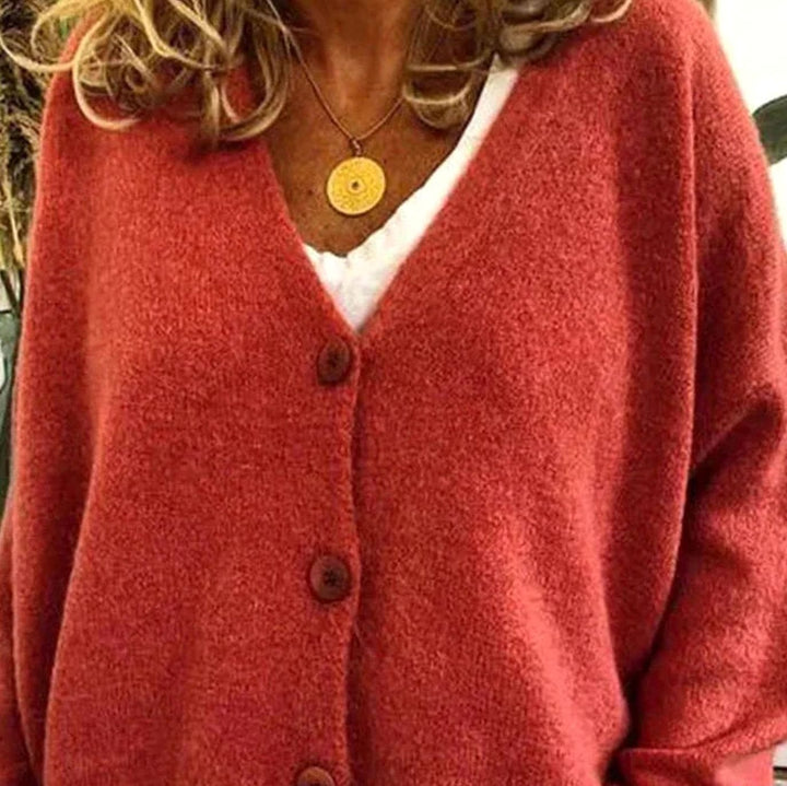 Damen Oversized V-Ausschnitt Strickjacke mit Knöpfen - Mandarine-Orange