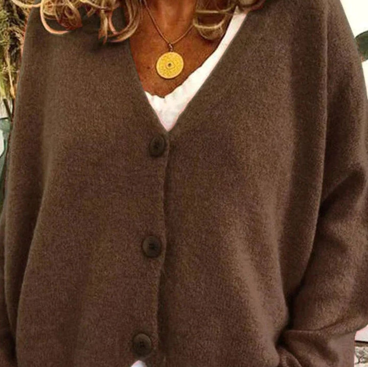 Damen Oversized V-Ausschnitt Strickjacke mit Knöpfen - Kaffee