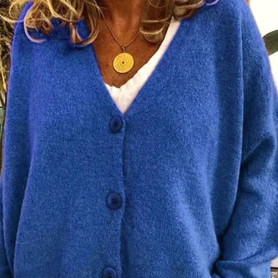 Damen Oversized V-Ausschnitt Strickjacke mit Knöpfen - Blau