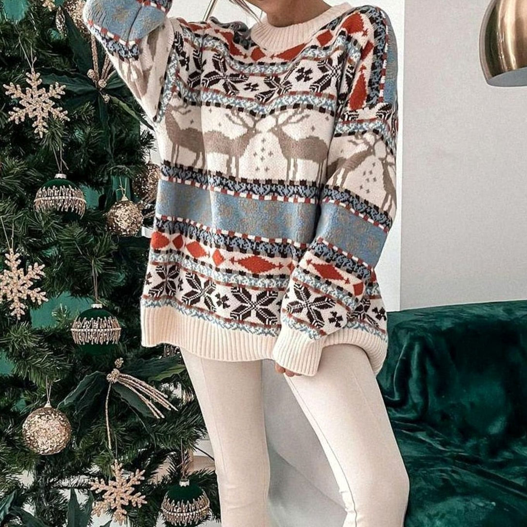 Damen Oversized Weihnachtspullover mit Rentiermuster Rundhals - Beige