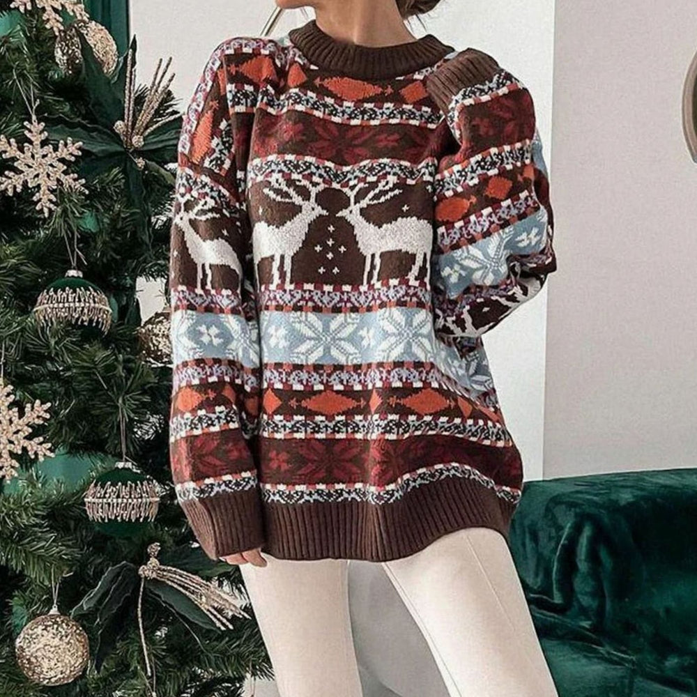 Damen Oversized Weihnachtspullover mit Rentiermuster Rundhals - Braun