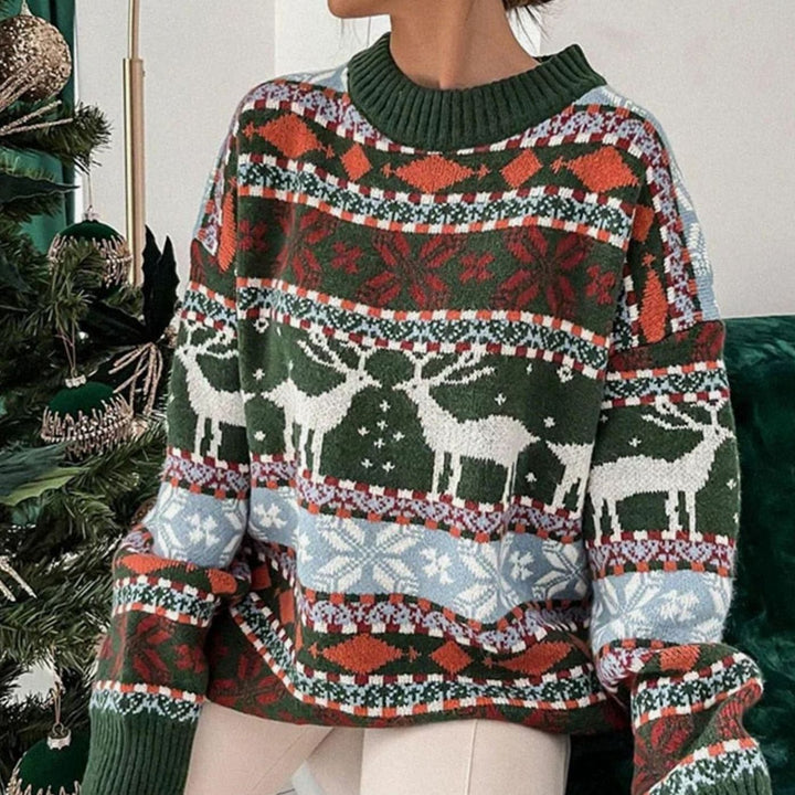 Damen Oversized Weihnachtspullover mit Rentiermuster Rundhals - Grün