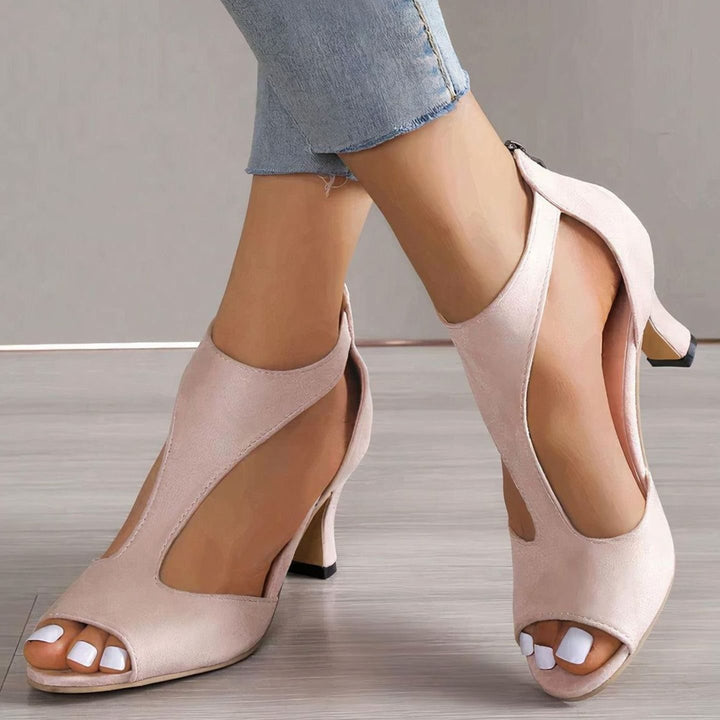 Damen Peeptoe High Heels Blockabsatz Reißverschluss hinten Velours - Rosa