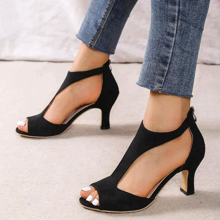 Damen Peeptoe High Heels Blockabsatz Reißverschluss hinten Velours - Schwarz