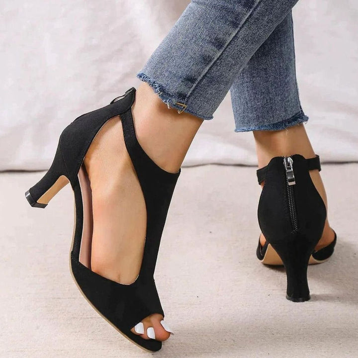 Damen Peeptoe High Heels Blockabsatz Reißverschluss hinten Velours