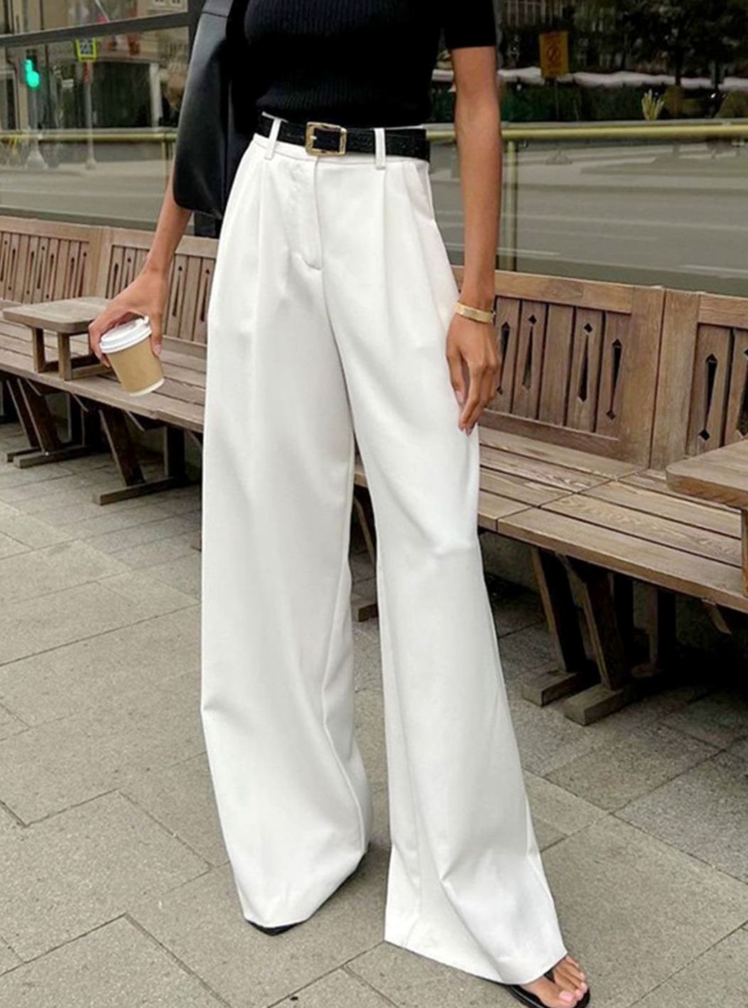 Damen Plissierte Weite-Hose mit Gürtel Hoher Taille - Weiß