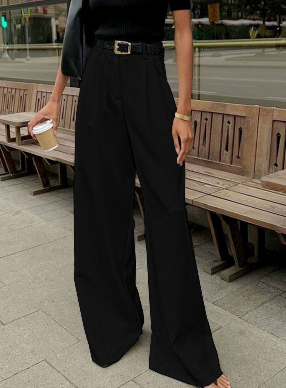 Damen Plissierte Weite-Hose mit Gürtel Hoher Taille - Schwarz