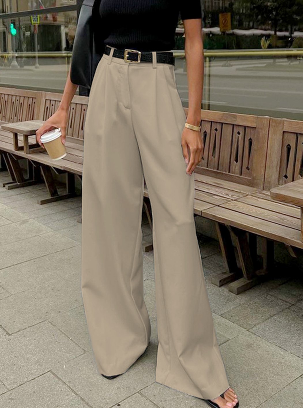 Damen Plissierte Weite-Hose mit Gürtel Hoher Taille - Khaki