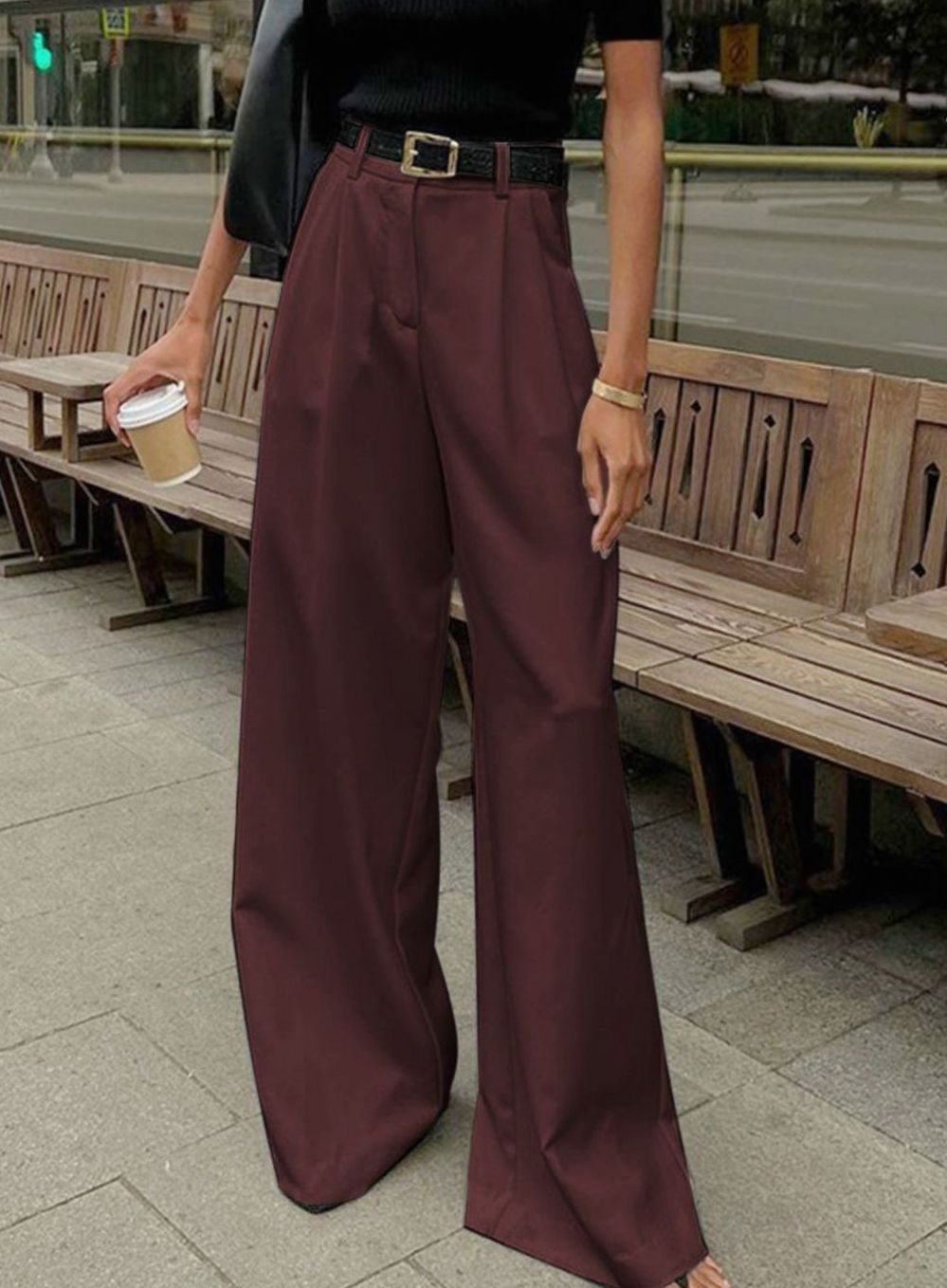 Damen Plissierte Weite-Hose mit Gürtel Hoher Taille - Burgunderrot