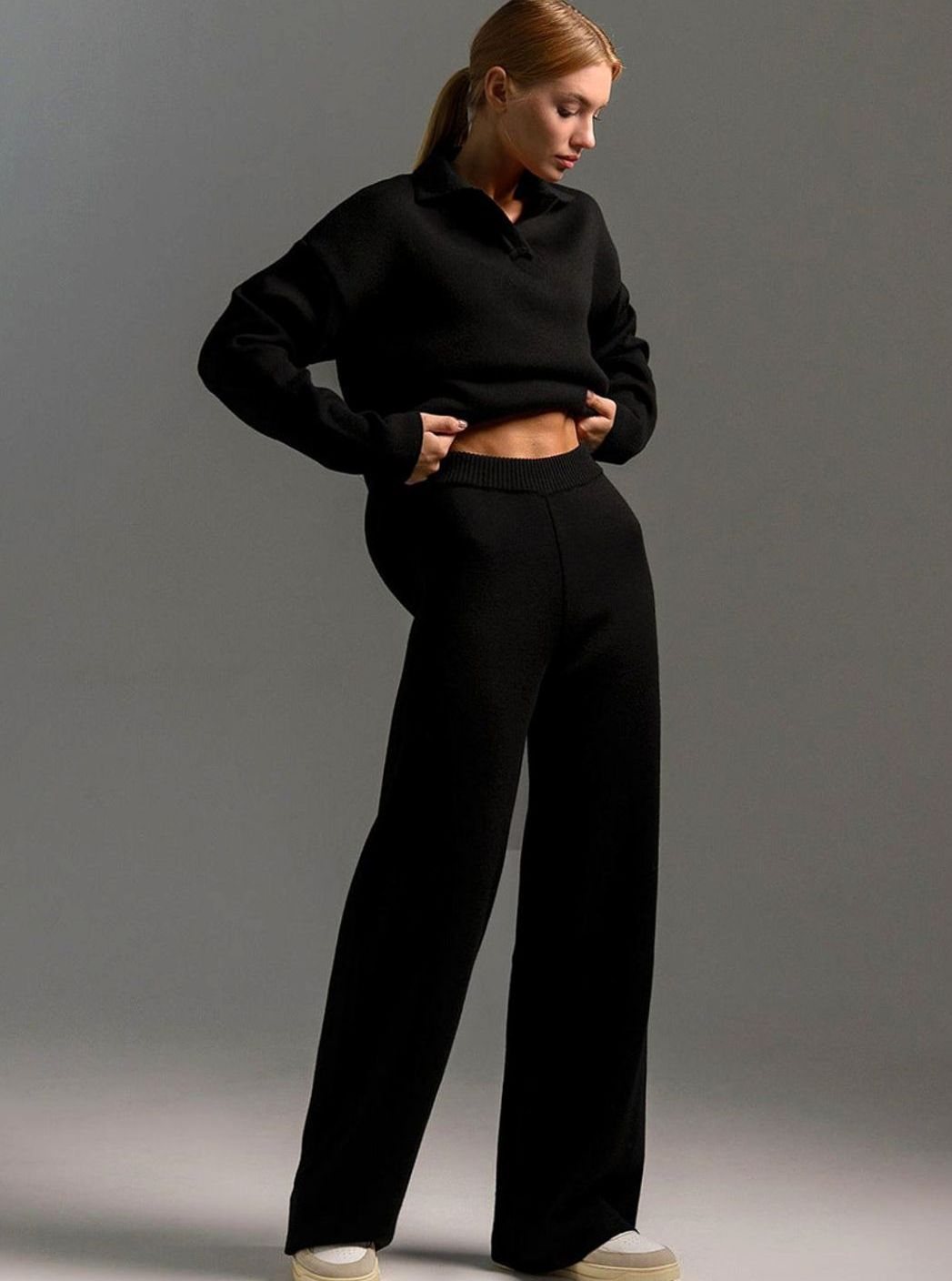 Damen Polopullover und Weitbein-Hosen-Set Locker Geschnittenes Zweiteiler-Set
