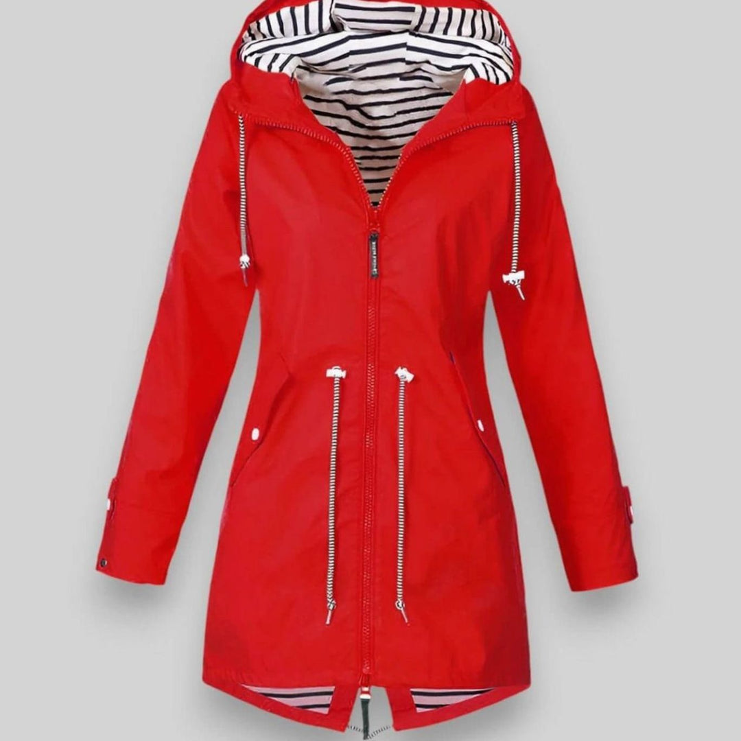 Damen Regenjacke mit Kapuze verstellbaren Kordeln Reißverschluss - Rot