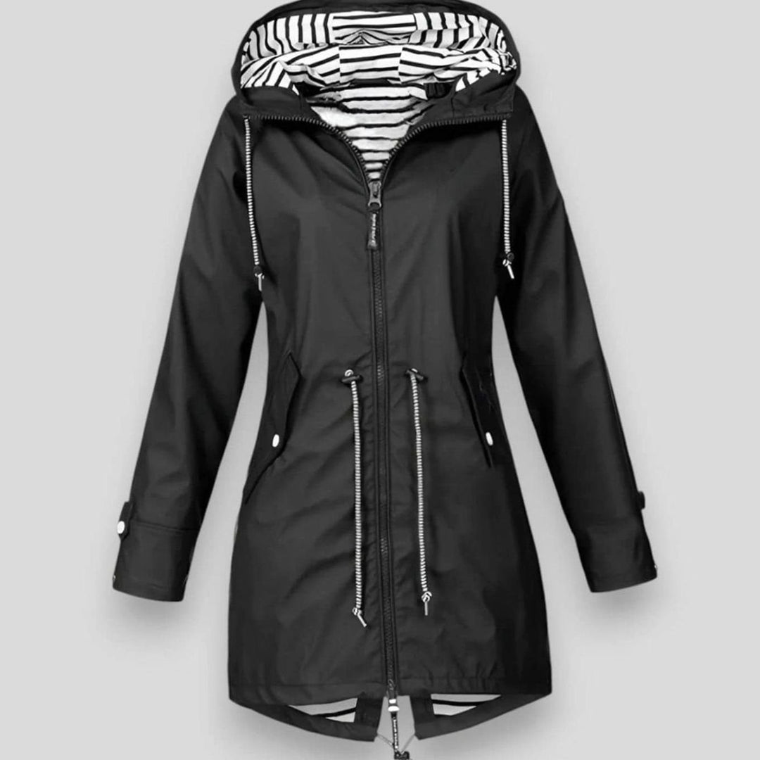 Damen Regenjacke mit Kapuze verstellbaren Kordeln Reißverschluss - Schwarz