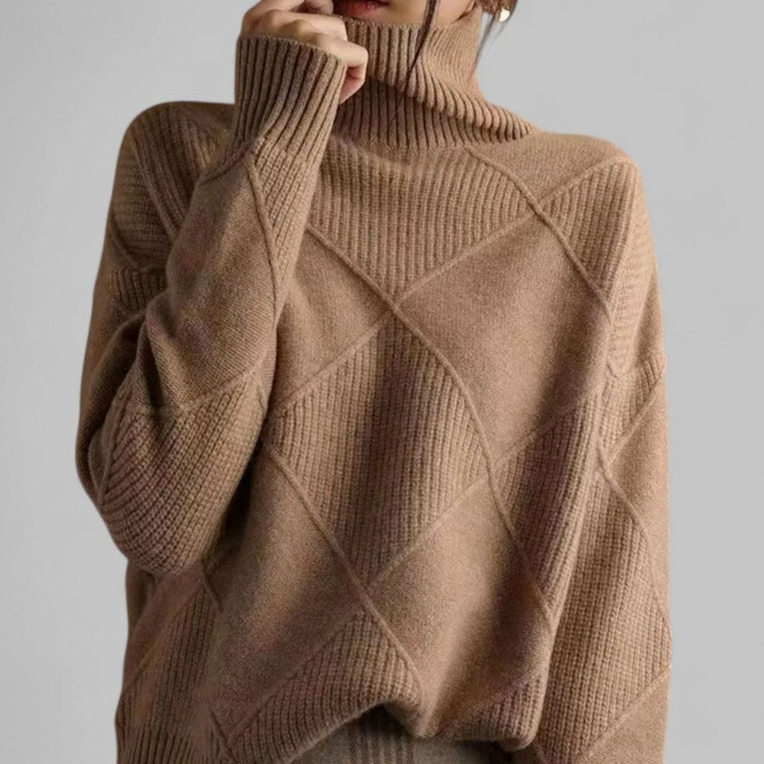 Damen Relaxed-Fit Rollkragen Strickpullover mit geometrischem Muster - Kamel
