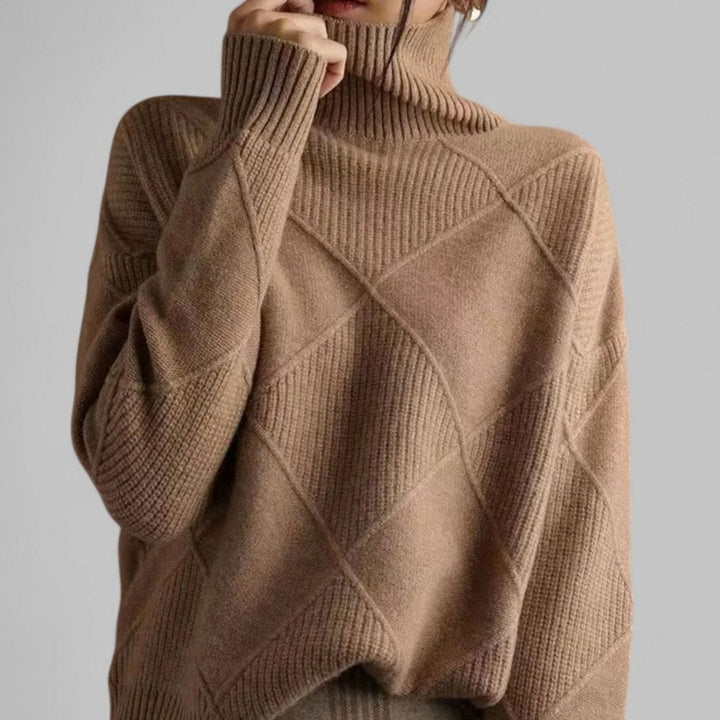 Damen Relaxed-Fit Rollkragen Strickpullover mit geometrischem Muster - Kamel