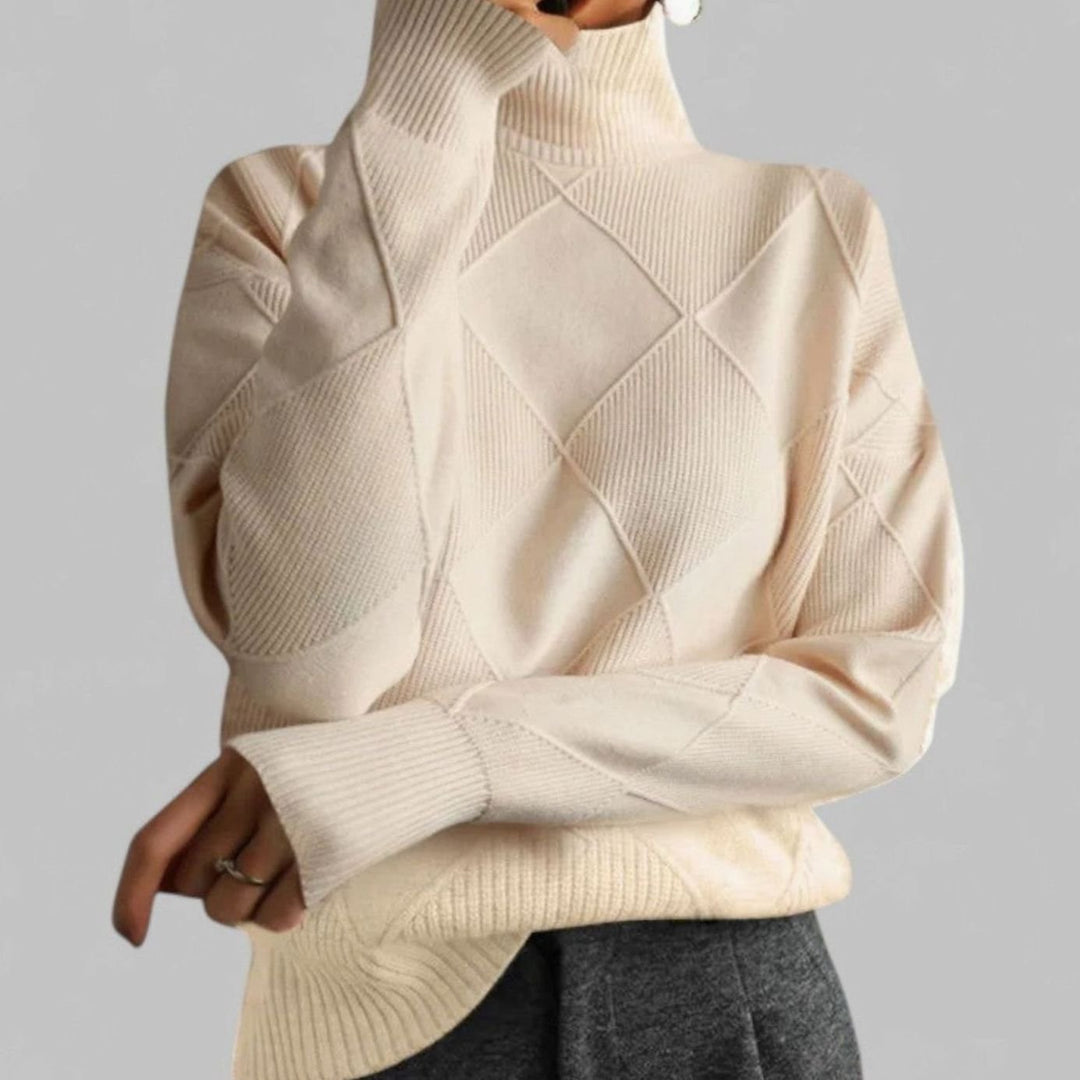 Damen Relaxed-Fit Rollkragen Strickpullover mit geometrischem Muster - Beige