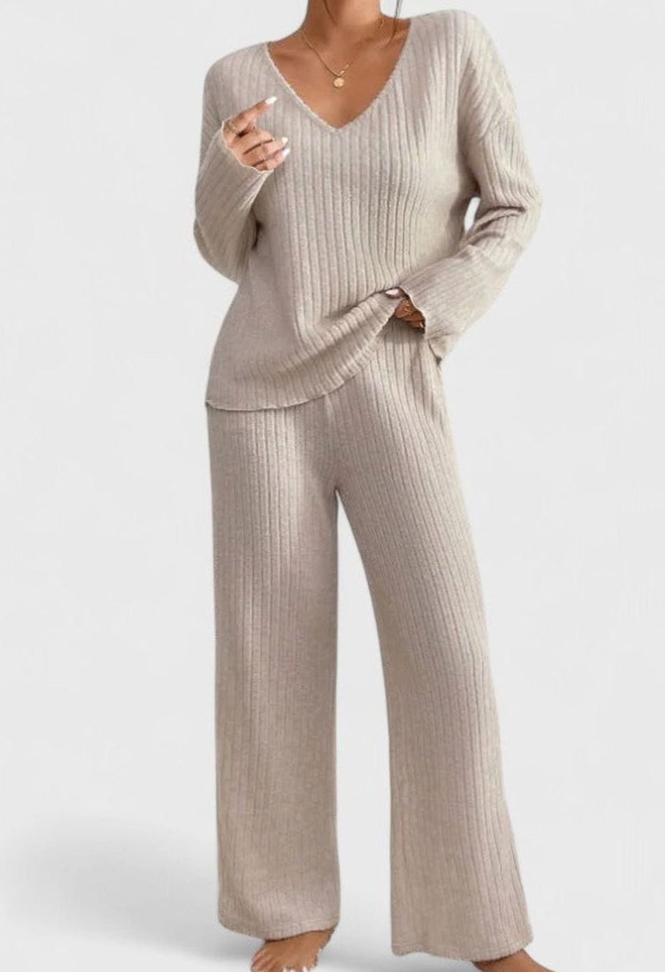 Damen Rippstrick-Lounge-Set V-Ausschnitt weite Hose - Beige