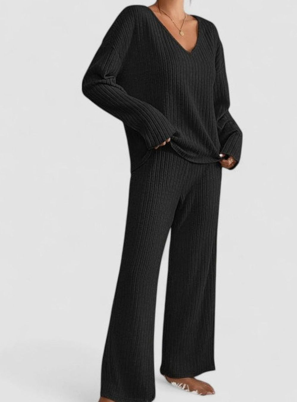 Damen Rippstrick-Lounge-Set V-Ausschnitt weite Hose - Schwarz