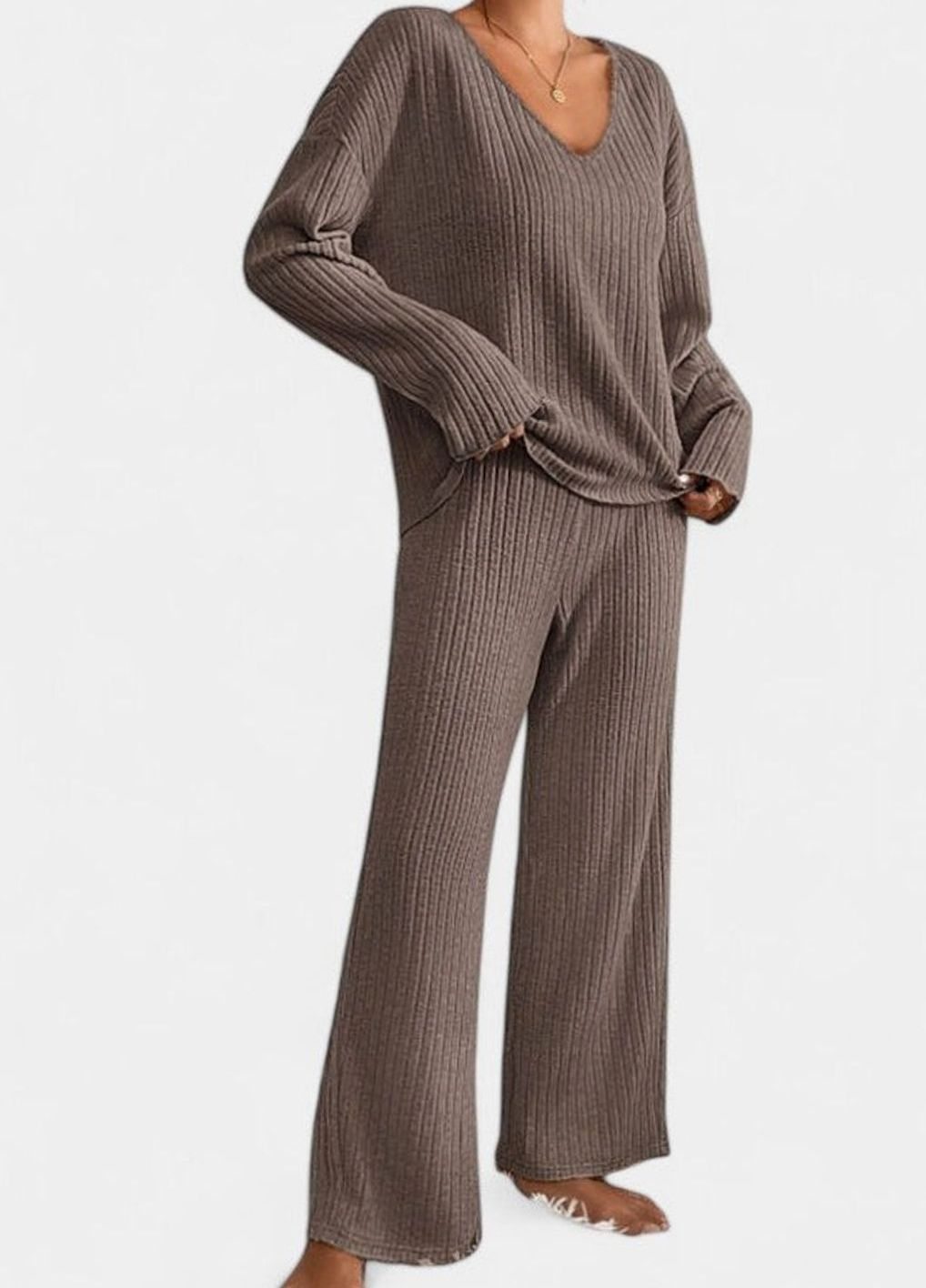 Damen Rippstrick-Lounge-Set V-Ausschnitt weite Hose - Braun