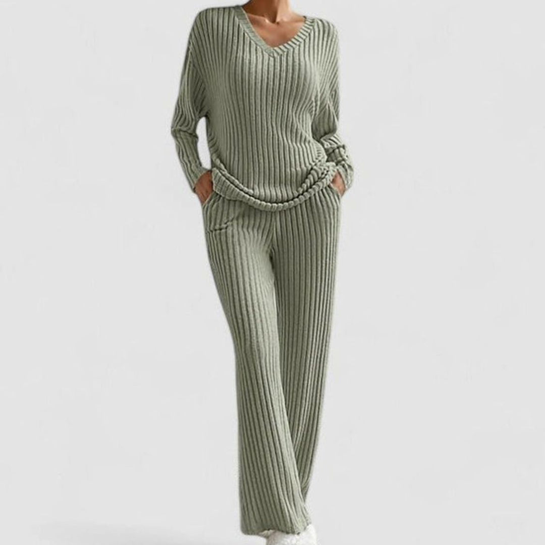 Damen Rippstrick-Lounge-Set V-Ausschnitt weite Hose - Olive
