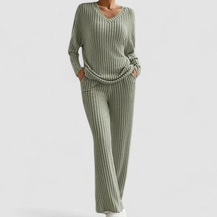Damen Rippstrick-Lounge-Set V-Ausschnitt weite Hose - Olive