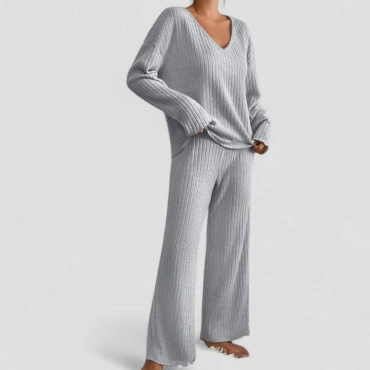 Damen Rippstrick-Lounge-Set V-Ausschnitt weite Hose - Grau