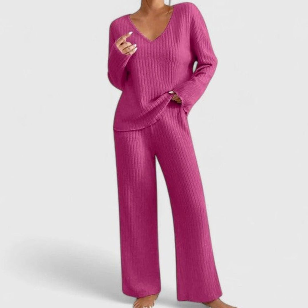 Damen Rippstrick-Lounge-Set V-Ausschnitt weite Hose - Rosa